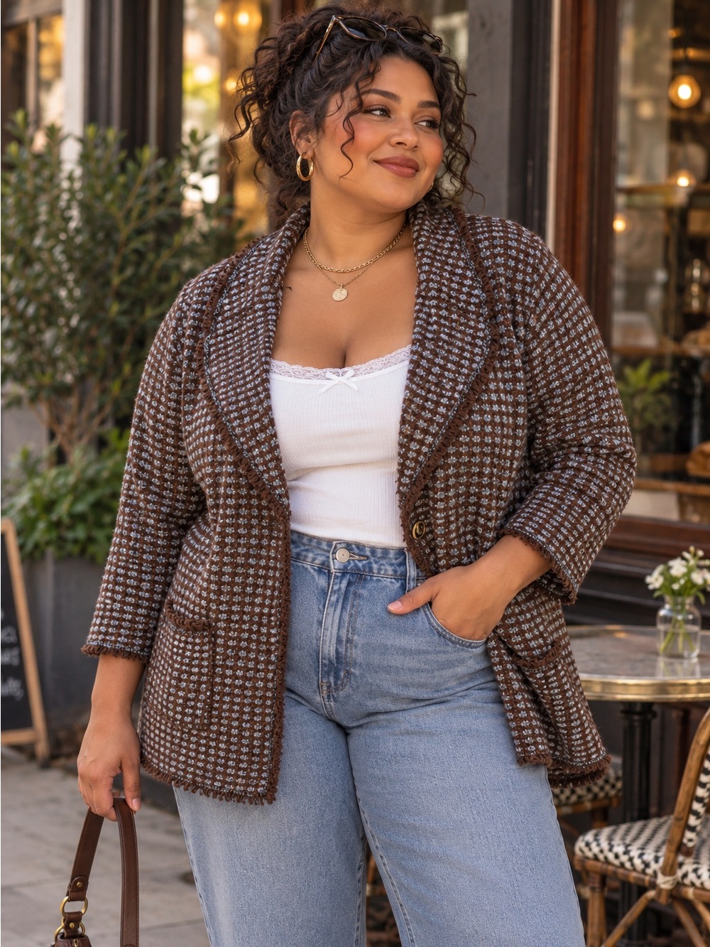 Max Studio Brown Tweed knit cardigan Blazer jacket 1X
